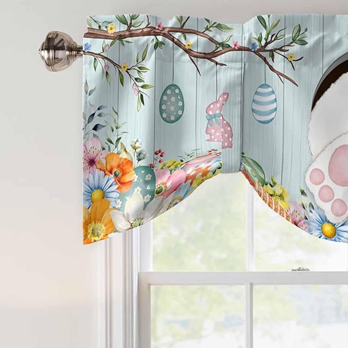 Easter Bunny Tie Up Valance Curtains for Windows, Kitchen Curtains Window Shades, Easter Eggs Spring Farmhouse Wood Grain Teal Blue Light Filtering Curtain Valances for Bedroom/Bathroom/Cafe 42"x18"