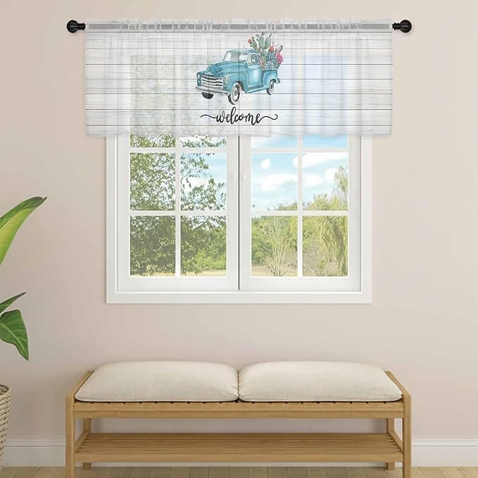 Welcome Sheer Valance Curtains, Summer Car with Cactus Succulents Grey Wood Grain Light Filtering Kitchen Valances Rod Pocket Voile Curtain Window Treatment for Bedroom/Living Room/Basement 42Wx18L