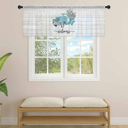 Welcome Sheer Valance Curtains, Summer Car with Cactus Succulents Grey Wood Grain Light Filtering Kitchen Valances Rod Pocket Voile Curtain Window Treatment for Bedroom/Living Room/Basement 42Wx12L