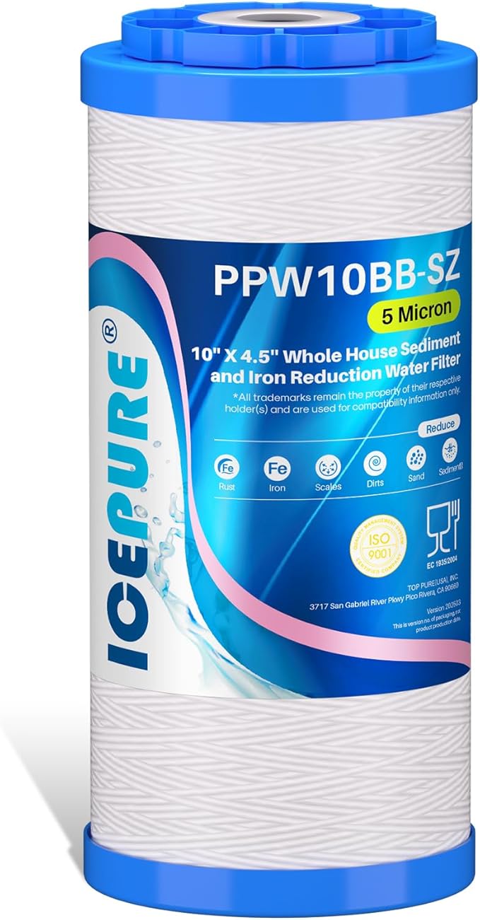 ICEPURE 5 Micron 10"x4.5" PPW10BB-SZ String Wound Water Sediment Filter Replacement for Whole House Filtration System, Compatible With Iron Reducing Filter For Well Water, 1Pack