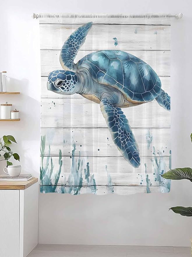 Sheer Curtains 72 Inches Long, Teal Green Ocean Turtle Semi Sheer Curtains Light Filtering Window Treatment, Coastal Seaweed Wood Grain Privacy Voile Drapes for Living Room Bedroom 52x72 Inch