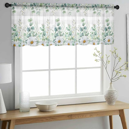 Eucalyptus Leaves Daisy Sheer Valance Curtains, Summer Farmhouses Gray Plaid Light Filtering Kitchen Valances Rod Pocket Voile Curtain Window Treatment for Bedroom/Living Room/Basement 42Wx18L