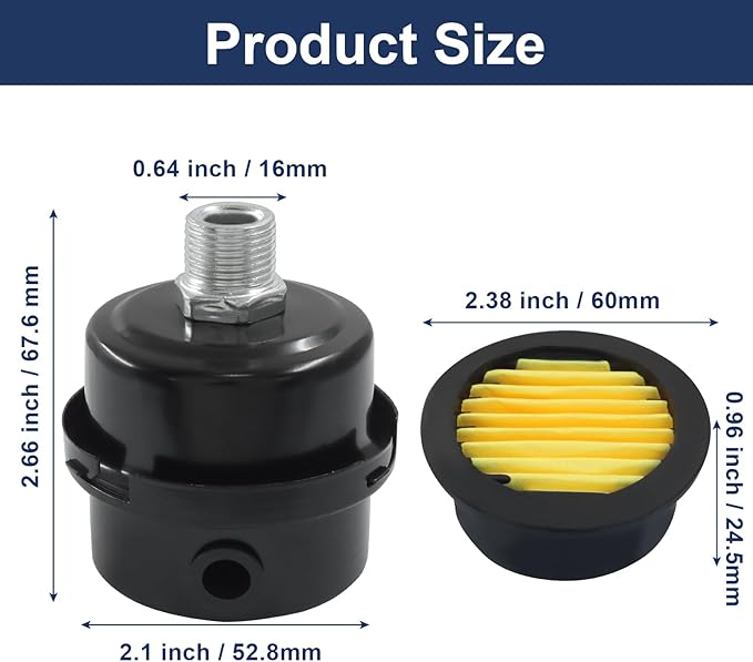 2 Pcs Air Compressor Silencer, 3/8 Inch Thread Intake Filter Muffler, 16 mm Air Compressor Silencer Filter for Generators and Blowers