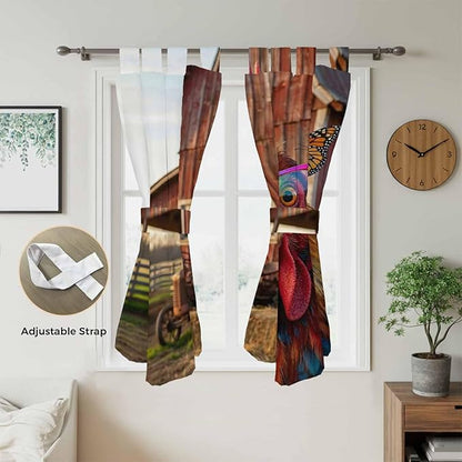 Farm Rooster Bedroom Curtains 72 Inch Length, Window Curtains Tab Top, Farmhouse Barn Funny Animals Butterfly Light Filtering Window Treatments Drapes 52"x72" 2 Panel