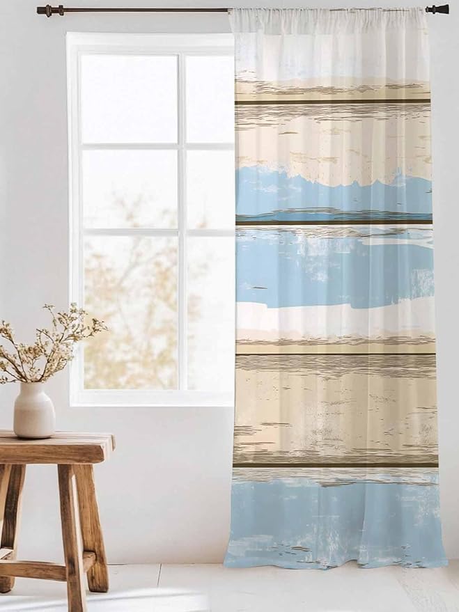Sheer Curtains 84 Inches Long, Vintage Geometric Blue Semi Sheer Curtains Light Filtering Window Treatment, Abstract Country Shabby Wood Grain Privacy Voile Drapes for Living Room Bedroom 52x84 Inch