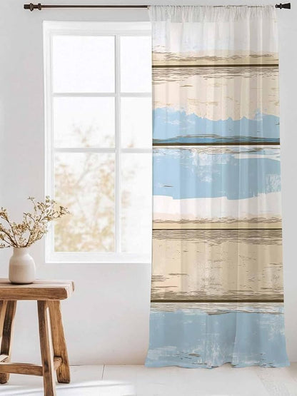 Sheer Curtains 84 Inches Long, Vintage Geometric Blue Semi Sheer Curtains Light Filtering Window Treatment, Abstract Country Shabby Wood Grain Privacy Voile Drapes for Living Room Bedroom 52x84 Inch