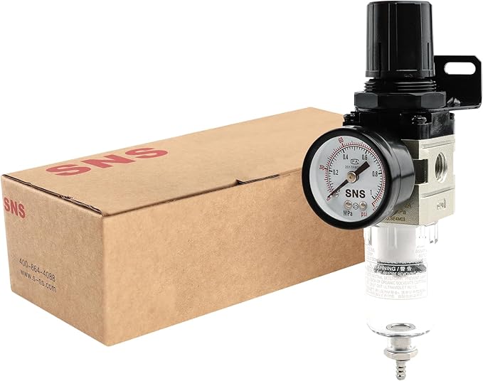 SNS Compressed Air Filter Regulator Piggyback Combo 1/4”NPT- Semi-auto Drain, Bracket, Gauge Poly Bowl AW2000-N02A
