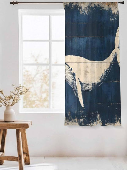 Sheer Curtains 72 Inches Long, Ocean Whale Blue Semi Sheer Curtains Light Filtering Window Treatment, Summer Coastal Vintage Wood Grain Privacy Voile Drapes for Living Room Bedroom 52x72 Inch