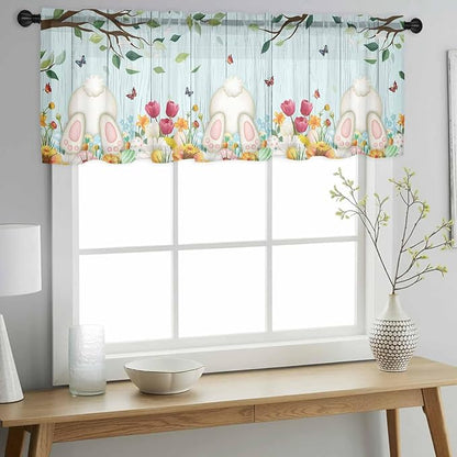 Easter Sheer Valances for Windows 60"x18", Light Filtering Kitchen Curtains Valance, Spring Watercolor Eggs Tulip Wooden Grain Teal Rod Pocket Chiffon Curtains for Living Room Bedroom Cafe