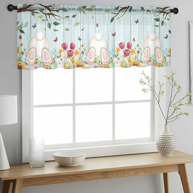 Easter Sheer Valances for Windows 42"x12", Light Filtering Kitchen Curtains Valance, Spring Watercolor Eggs Tulip Wooden Grain Teal Rod Pocket Chiffon Curtains for Living Room Bedroom Cafe
