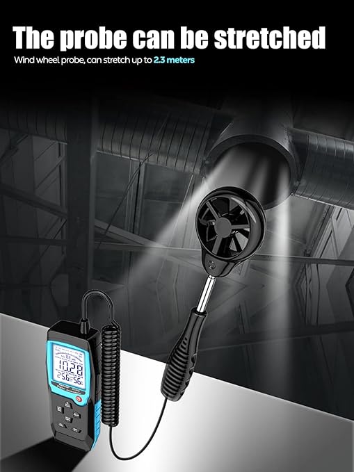 H12 Digital Anemometer Handheld Wind Speed Meter with Extended Wind Sensor, Measures Wind Speed Wind Flow Temperature and Humidity CFM Air Flow Velocity Meter with Big Backlit Screen