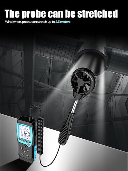 H12 Digital Anemometer Handheld Wind Speed Meter with Extended Wind Sensor, Measures Wind Speed Wind Flow Temperature and Humidity CFM Air Flow Velocity Meter with Big Backlit Screen