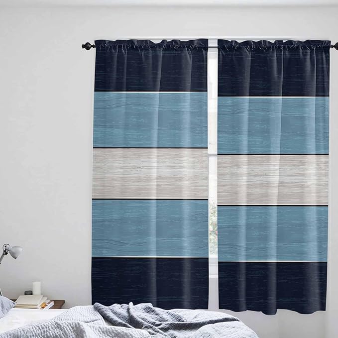 Vintage Country Woodcuts Window Valance Curtains, Blue Gradient Striped Light Filtering Kitchen Valance with 3-inch Rod Pocket for Living Room Bathroom Bedroom,2 Panel,52x72In
