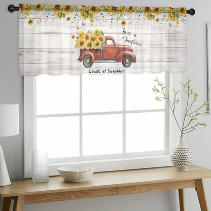 Farmhouses Sunflowers Sheer Valance Curtains, Retro Floral Leaves Red Truck Wood Grain Light Filtering Kitchen Valances Rod Pocket Voile Curtain Treatment for Bedroom/Living Room/Basement 60Wx18L