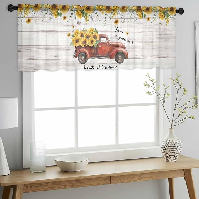 Farmhouses Sunflowers Sheer Valance Curtains, Retro Floral Leaves Red Truck Wood Grain Light Filtering Kitchen Valances Rod Pocket Voile Curtain Treatment for Bedroom/Living Room/Basement 42Wx12L