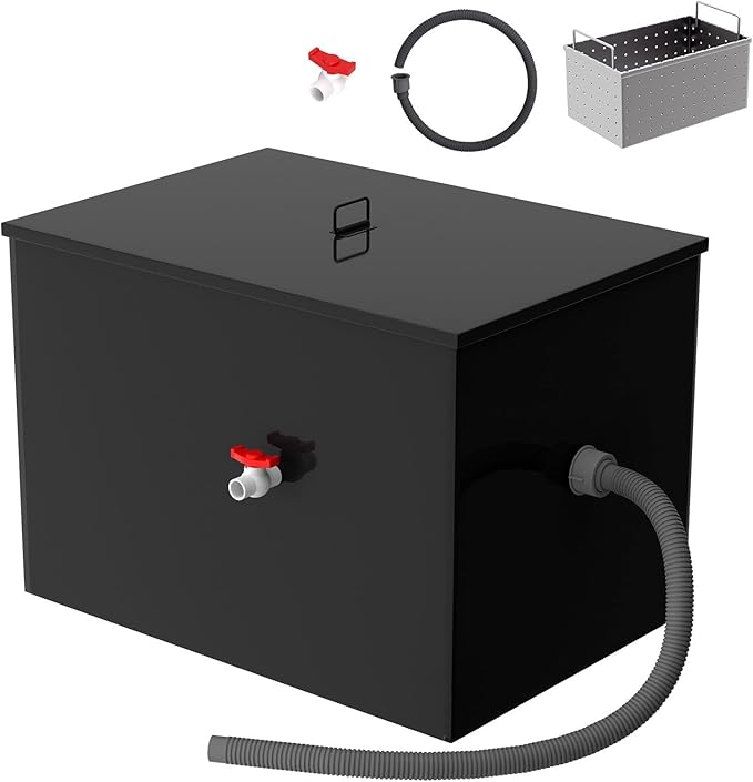 11.3 GPM Under Sink Grease Trap with Filter Baskets, 30 LBS Commercial Grease Trap, 23.6x15.7x18 in, 3-Layer Steel Grease Interceptor for Kitchen, Restaurant, Food Processing
