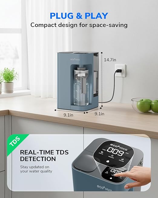 Ecoviva Mate 3 Countertop Reverse Osmosis Water Filter, 8-Stage RO Water Filtration System with 44oz Water Pitcher Smart Auto-Filling, 3:1 Pure to Drain, NSF Certified Tabletop Purifier, Blue