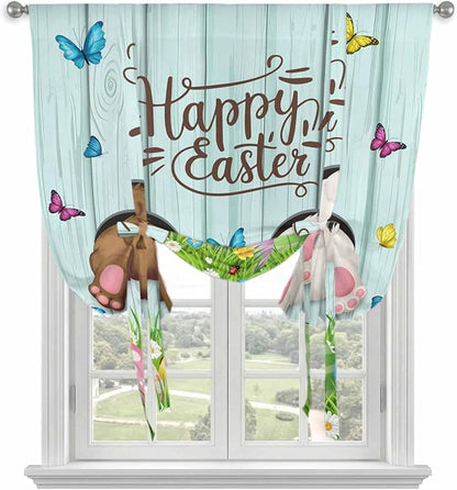 Tie Up Curtains,Happy Easter Bunny Butt Egg Floral Adjustable Rod Pocket Window Shade Curtain Drape Spring Plant on Aqua Wood Tie-Up Valance for Kitchen Bedroom Living Room Windows,52"x63"