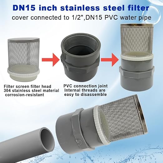 1/2" inch stainless steel filter cover connected to 1/2" grey pvc filter DN15 water pipe, suction strainer used to remove debris and reduce solid entry(1pcs)