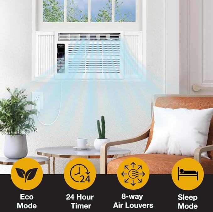 Whirlpool 18,000 BTU Window Air Conditioner with Dehumidifier, 230V, Window AC for Large Rooms up to 1000 Sq. Ft., Bedroom, Living Room, Apartment, with Remote, 3 Speeds, and 24H Timer, White