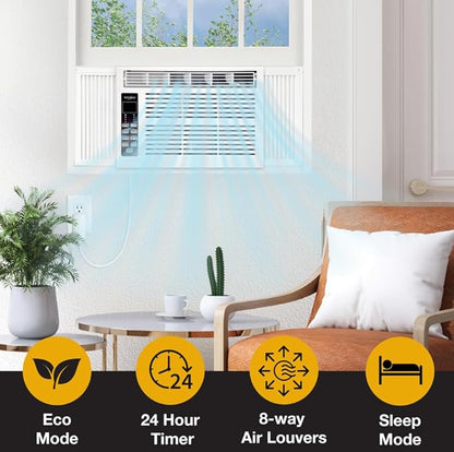 Whirlpool 18,000 BTU Window Air Conditioner with Dehumidifier, 230V, Window AC for Large Rooms up to 1000 Sq. Ft., Bedroom, Living Room, Apartment, with Remote, 3 Speeds, and 24H Timer, White