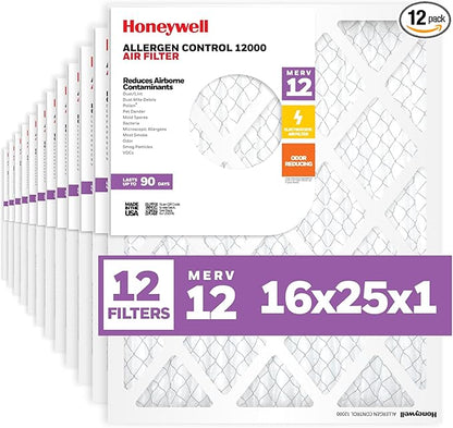 Honeywell 16x25x1 MERV 12 Electrostatic Pleated HVAC AC Furnace Air Filter (12-Pack) | Replacement Filter for Home Use | Made in USA