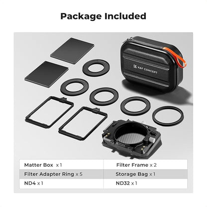 K&F CONCEPT Mini Matte Box +ND4+ND32 Filters Kit, DSLR Matte Box with Carbon Fiber Top Flag Square Filters Trays with 67/72/77/82/95mm Adapter Rings, for 4x5.65 Square UV ND Effect Filter