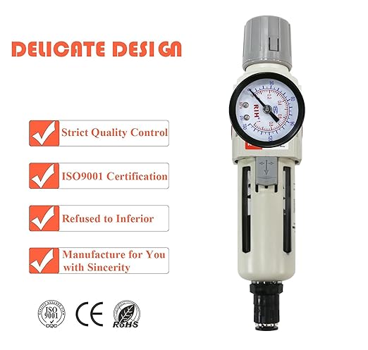 RIH 3/8"NPT Auto Drain Air Filter Pressure Regulator Combo Piggyback, 5 Micron Brass Element, Poly Bowl, Metal Bracket, 0-150 psi Gauge Air Tool Compressor Filter with Gauge (3/8"NPT Auto Drain)