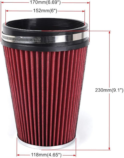6" Inlet Cold Air Intake Filter Cone Replacement Performance Washable Clamp-On Dry Air Filters Red (8" Tall)
