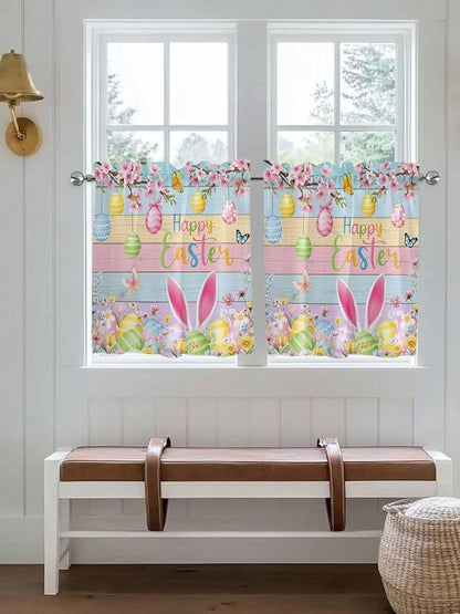Colorful Easter Half Window Curtains 24 Inches Long, Spring Watercolor Bunny Egg Flower Wood Grain Window Treatment Curtain Drapes, Short Curtains Tiers for Kitchen Over Sink, 27.5"x24", 2 Panels