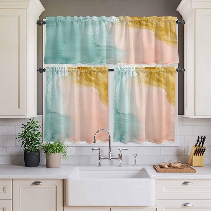 Kitchen Window Curtains Valance and Tier Set, Abstract Desert Mountains Rod Pocket Tier Curtain Valance Set, Modern Minimalist Art Light Filtering Cafe Curtains for Bedroom Living Room