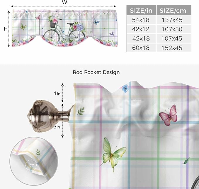 Spring Tie Up Valance Curtains for Windows, Kitchen Curtains Window Shades, Bicycles Botanical Leaves Rose Colorful Stripes Light Filtering Roman Curtain Valances for Bedroom/Bathroom/Cafe 42"x18"