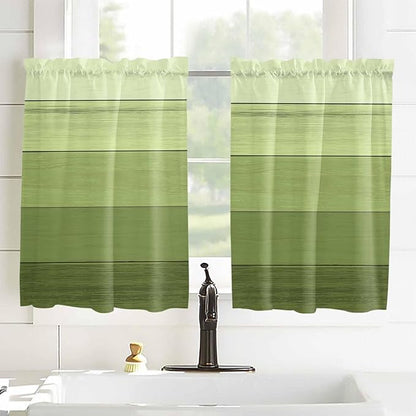 Gradient Green Wooden Board Window Valance Curtains, Retro Country Wood Grain Light Filtering Kitchen Valance with 3-inch Rod Pocket for Living Room Bathroom Bedroom,2 Panel,27.5x45In