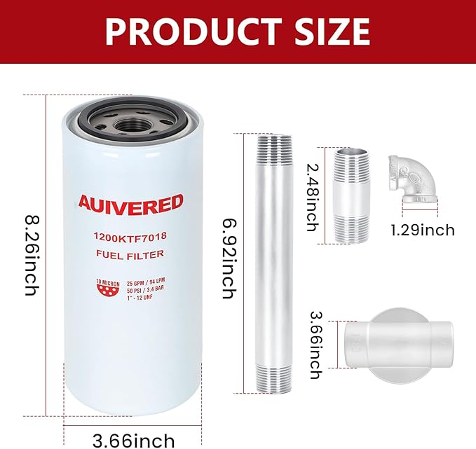 1200KTF7018 F1810PM0 Fuel Filter - Spin-on Particulate - Fit for Transfer Pump FR112 FR1210G FR610G 25 GPM 3/4” with 1200KTG9075 Filter Head and 3/4” ST Elbow and 3/4 x 7” Nipple