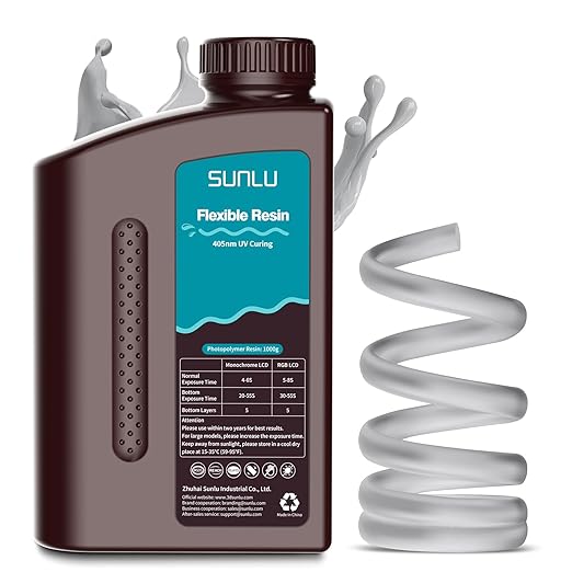 SUNLU Flexible 3D Printer Resin, 66A 3D Printing Resin for Printing Soft and Flexible Items, Bendable and Not Brittle, Fast Curing 405nm UV Photopolymer Resin. 1000G Gray