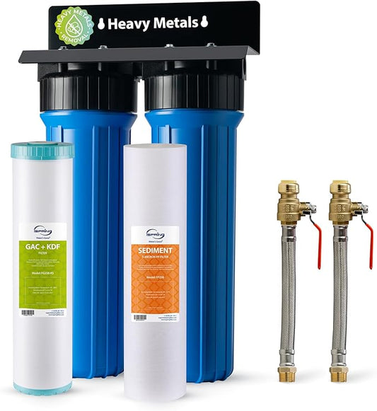 iSpring WGB22B-KS+AHPF12MNPT16X2 2-Stage Whole House Water Filter System w/ 3/4'' Push-Fit Stainless Steel Hose Connectors, Reduces Sediment, Heavy Metals, Chlorine, Chloramine, Hydrogen Sulfide