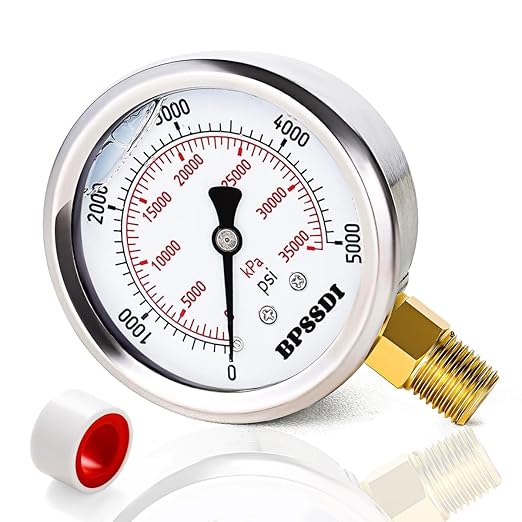 0-5000 Psi Glycerin Liquid Filled Hydraulic High Pressure Gauge, 2.5" Dial Size, 1/4" NPT Lower Mount, 304 Stainless Steel Case, for Water Oil Air Gas Pressure Test