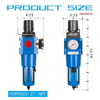 NANPU 1" NPT Compressed Air Filter Regulator Combo Piggyback, 5 Micron Brass Element, Poly Bowl, Manual Drain, Metal Bracket, 0-150 psi Gauge -AW5000-10M