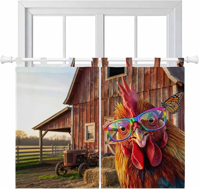 Farm Rooster Kitchen Curtains 45 Inch Length, Short Cafe Window Curtains Tab Top, Farmhouse Barn Funny Animals Butterfly Light Filtering Window Treatments Tier Drapes 27.5"x45" 2 Panel