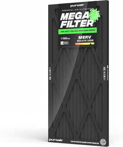 PuroAir MegaFilter - 14x30x1 Air Filter MERV 13 Activated CarbonTech Defense - Heavy Duty 3 Layer Furnace Filters Allergens, Pollen, Dust, Pet Dander, Smoke, Odors - HVAC Air Filter 14x30x1 (1-Pack)