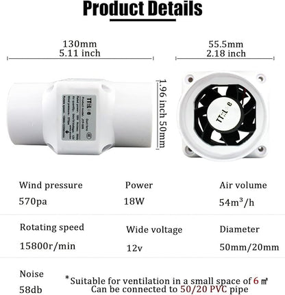 18W 12V Duct Extractor Fan 2” 50mm with 20mm PVC Pipe Interface 32 CFM Air Circulation Vent Blower for Heating Cooling Greenhouse (Color : Adjustable Speed, Size : 50mm/20mm)
