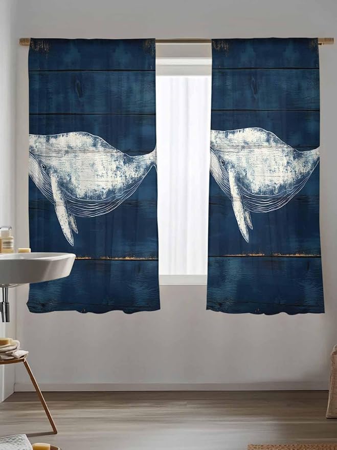 Sheer Curtains 63 Inch Length, Summer Whale Semi Sheer Curtains Light Filtering Window Treatment, Ocean Watercolor Wooden Grain Blue Privacy Voile Drapes for Living Room Bedroom 52x63 Inch
