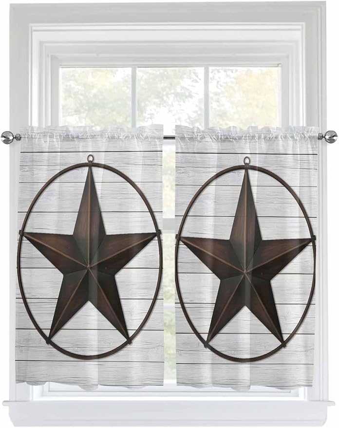 Vintage Farm Western Star Window Valance Curtains, White Wood Grain Light Filtering Kitchen Valance with 3-inch Rod Pocket for Living Room Bathroom Bedroom,2 Panel,27.5x45In