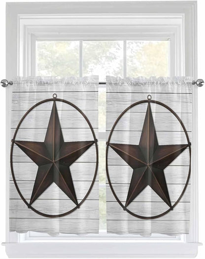 Vintage Farm Western Star Window Valance Curtains, White Wood Grain Light Filtering Kitchen Valance with 3-inch Rod Pocket for Living Room Bathroom Bedroom,2 Panel,52x45In