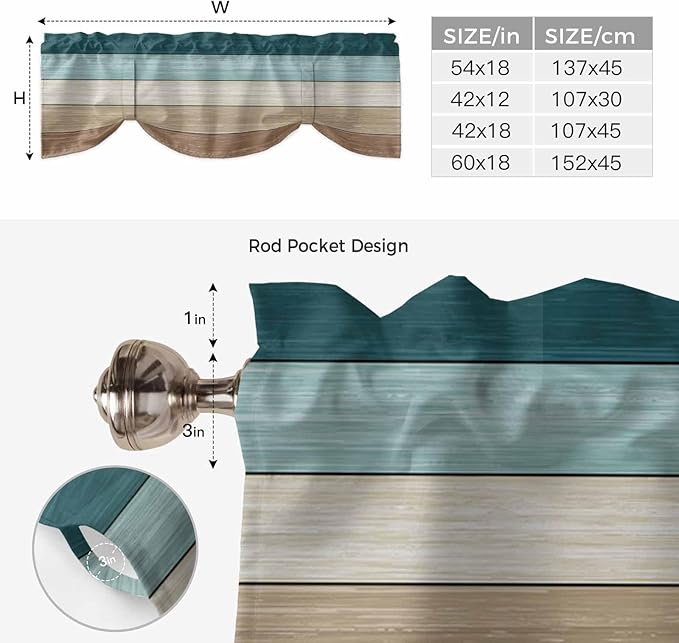 Teal Brown Tie Up Valance Curtains for Windows, Kitchen Curtains Window Shades, Farmhouse Vintage Abstract Wooden Grain Light Filtering Roman Curtain Valances for Bedroom/Bathroom/Cafe 54"x18"