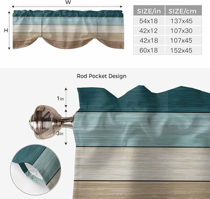 Teal Brown Tie Up Valance Curtains for Windows, Kitchen Curtains Window Shades, Farmhouse Vintage Abstract Wooden Grain Light Filtering Roman Curtain Valances for Bedroom/Bathroom/Cafe 54"x18"