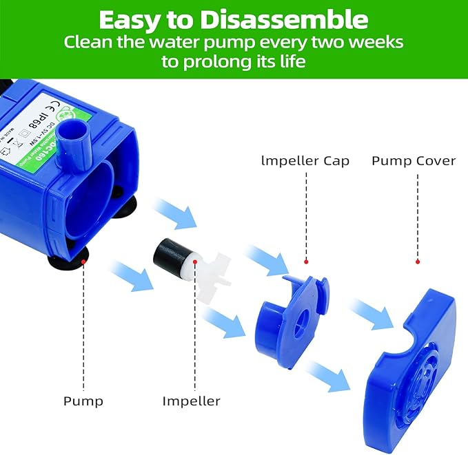 Cat Water Fountain Pump (No Led & with Brush), IP68 DR-DC 160 Submersible Water Pump for Stainless Steel, Ceramic Cat Water Fountain, Ultra Quiet Pet Fountain Pump