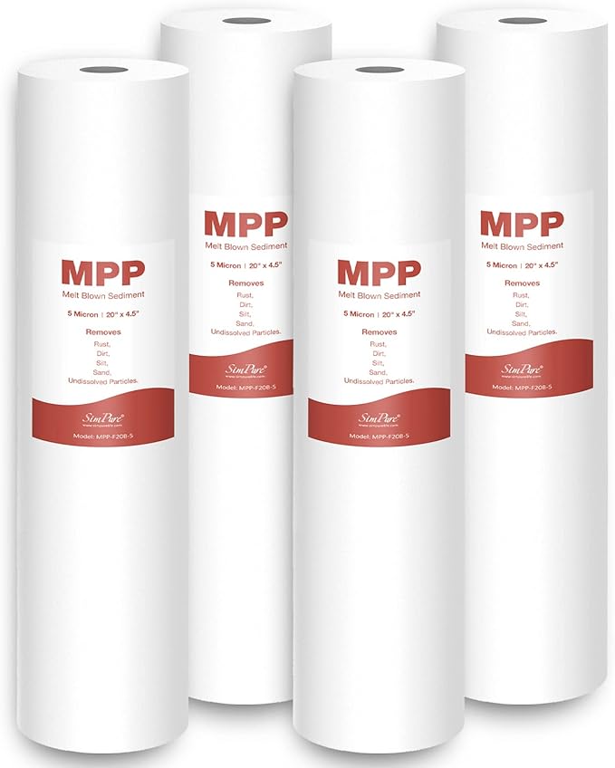 SimPure Sediment Water Filters, 5 Micron 20" x 4.5" Whole House Water Filter Replacement Compatible for SimPure DB20 Blue Housing, WGB22B, WGB32B, AP802, BB20B, BB20T, 4 Pack