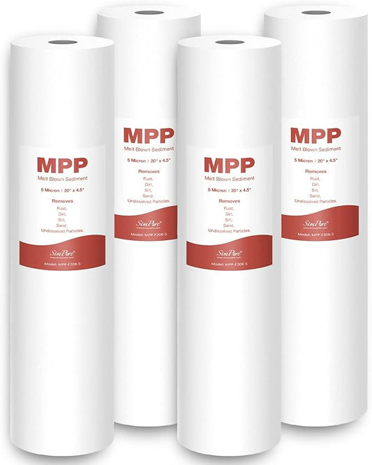 SimPure Sediment Water Filters, 5 Micron 20" x 4.5" Whole House Water Filter Replacement Compatible for SimPure DB20 Blue Housing, WGB22B, WGB32B, AP802, BB20B, BB20T, 4 Pack