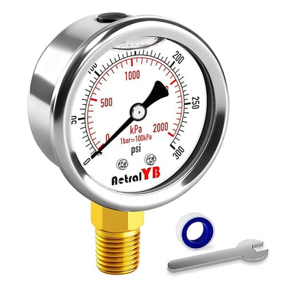 0-300 PSI Heavy-Duty Pressure Gauge, 2-Inch, Glycerin-Filled, Stainless Steel, 1/4" NPT Lower Mount, Shock-Resistant, Waterproof Pressure Meter for Oil Systems, Water Pumps, HVAC Applications